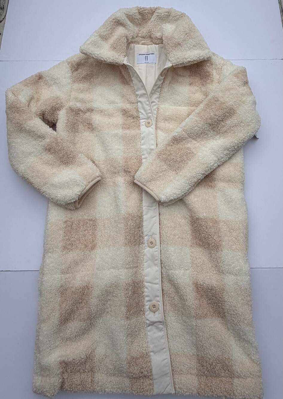 Women's Oversized Teddy Sherpa Long Coat Ivory Buffalo Plaid